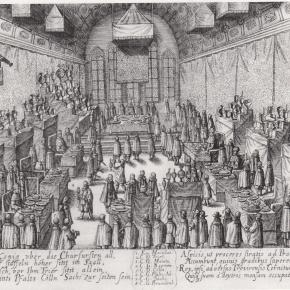 Bei Krönungsmahlen wie hier im Frankfurter Römer wurden die mehrstufigen Kredenzen mit dem Prunksilber der Kurfürsten und des Kaisers dekoriert. (Staatliche Museen zu Berlin, Kunstbibliothek, Foto: D. Katz)