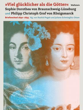 Links ein Porträt Königsmarcks, blau eingefärbt, rechts ein Porträt Sophie Dorotheas, rot eingefärbt.