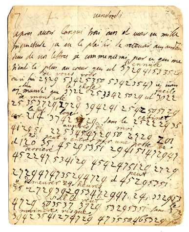 Handschriftlicher Brief in französischer Sprache, anteilig mit Zahlenkodierung und Geheimtinte zwischen den Zeilen