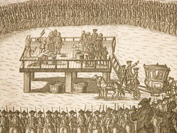 Die Hinrichtung Struensees fand ein internationales mediales Echo. Französischer Kupferstich, 1772